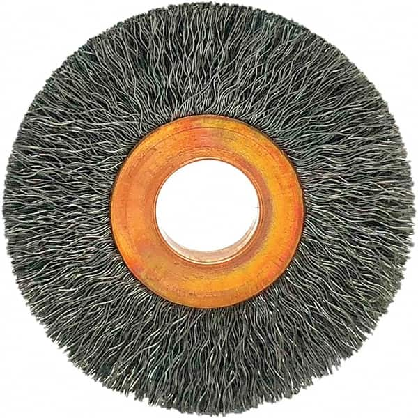 Brush Research Mfg. - 1-1/2" OD, 3/8" Arbor Hole, Crimped Carbon Wheel Brush - 1/4" Face Width, 3/8" Trim Length, 20,000 RPM - Caliber Tooling