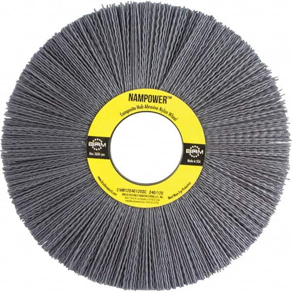 Brush Research Mfg. - 8" OD, 2" Arbor Hole, Crimped Abrasive Nylon Wheel Brush - 1" Face Width, 2-1/2" Trim Length, 3,600 RPM - Caliber Tooling