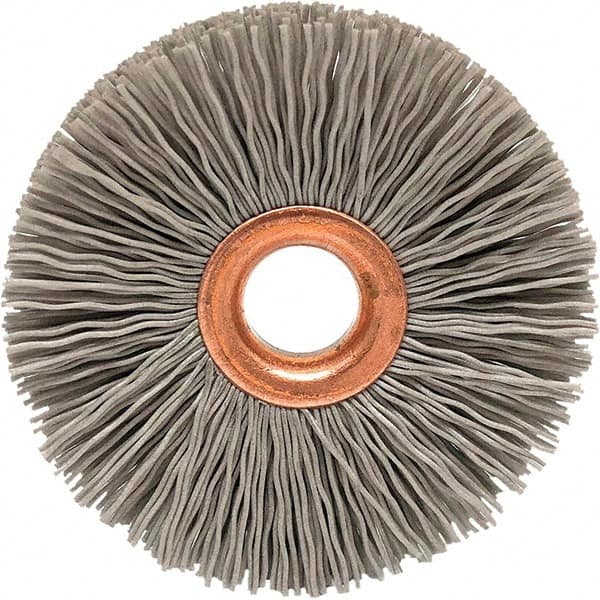 Brush Research Mfg. - 4" OD, 1/2" Arbor Hole, Crimped Abrasive Nylon Wheel Brush - 3/4" Face Width, 1-7/16" Trim Length, 20,000 RPM - Caliber Tooling