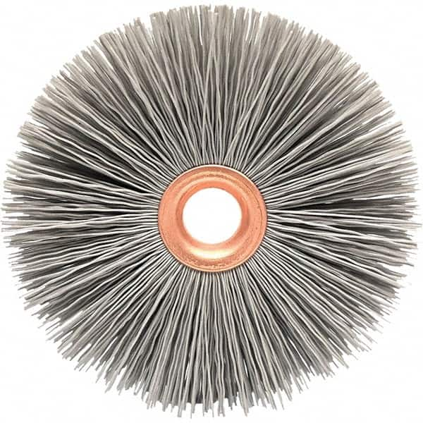 Brush Research Mfg. - 2" OD, 1/2" Arbor Hole, Crimped Abrasive Nylon Wheel Brush - 1/2" Face Width, 1/2" Trim Length, 20,000 RPM - Caliber Tooling