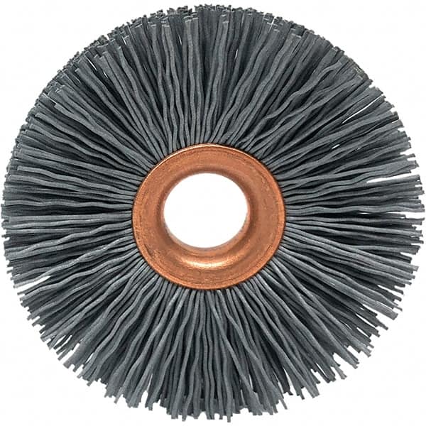 Brush Research Mfg. - 1-1/2" OD, 3/8" Arbor Hole, Crimped Abrasive Nylon Wheel Brush - 5/16" Face Width, 3/8" Trim Length, 20,000 RPM - Caliber Tooling