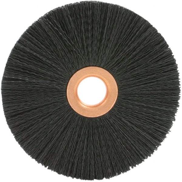 Brush Research Mfg. - 1-3/8" OD, 3/8" Arbor Hole, Crimped 6-12 Nylon Wheel Brush - 1/4" Face Width, 1/4" Trim Length, 20,000 RPM - Caliber Tooling