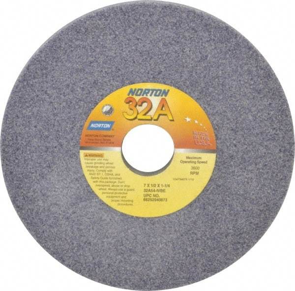 Norton - 7" Diam x 1-1/4" Hole x 1/2" Thick, I Hardness, 54 Grit Surface Grinding Wheel - Aluminum Oxide, Type 1, Coarse Grade, 3,600 Max RPM, Vitrified Bond, No Recess - Caliber Tooling