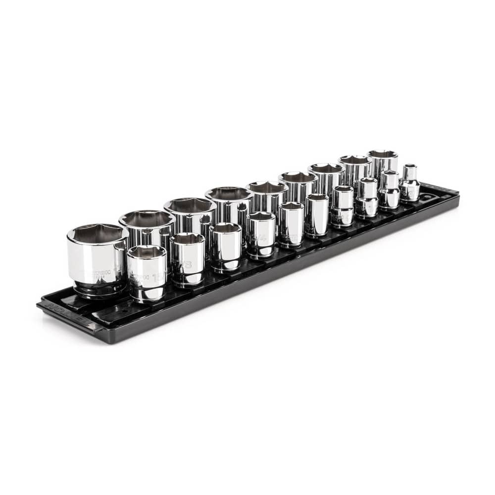 Socket Sets; Set Type: Standard; Drive Size: 1/2 in; Maximum Socket Depth (Decimal Inch): 2.0; Minimum Socket Depth (Decimal Inch): 1.5; Number Of Pieces: 19; Number Of Points: 6; Finish Coating: Chrome Plated