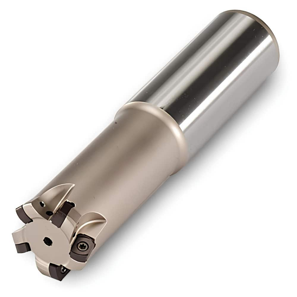 Indexable High-Feed End Mill: 1″ Cut Dia, 1″ Cylindrical Shank Uses 4 UNLU Inserts, 0.043″ Max Depth, 10″ OAL, Through Coolant