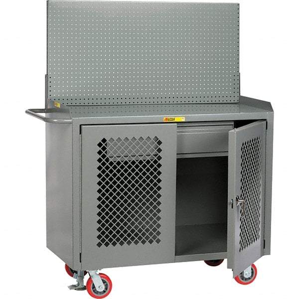 Little Giant - 3,600 Lb Capacity, 2 Shelf, 1 Drawer, 2 Door Mobile Bench Cabinet with Pegboard Panel - 41" Wide x 24" Deep x 43" High, Steel, Gray - Caliber Tooling