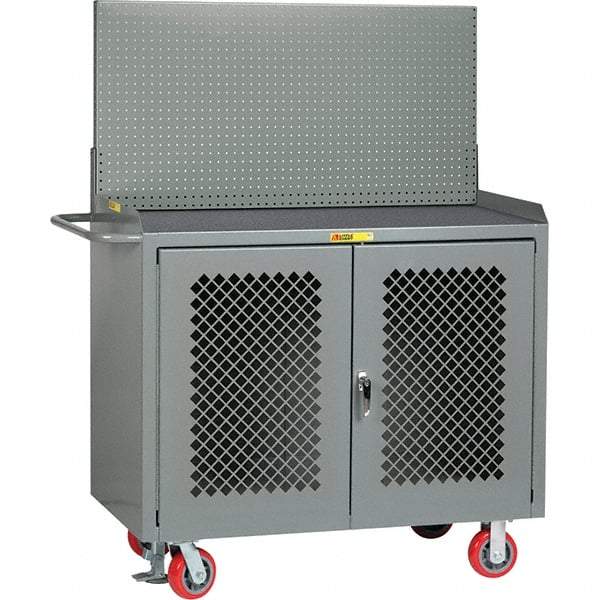 Little Giant - 3,600 Lb Capacity, 2 Shelf, 2 Door Mobile Bench Cabinet with Pegboard Panel - 41" Wide x 24" Deep x 43" High, Steel, Gray - Caliber Tooling