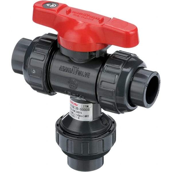 Asahi/America - 3" Pipe, Full Port, PVC Multiport Ball Valve - Three Way, Socket Ends, Tee Handle - Caliber Tooling