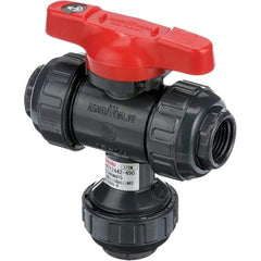 Asahi/America - 1" Pipe, Full Port, PVC Multiport Ball Valve - Three Way, Threaded Ends, Tee Handle - Caliber Tooling