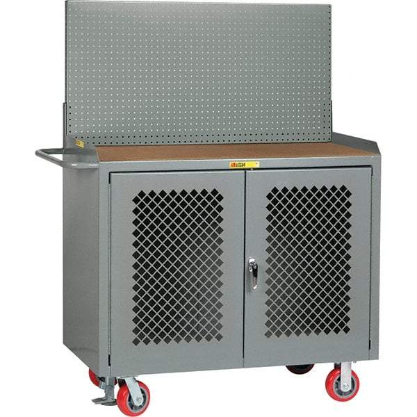 Little Giant - 3,600 Lb Capacity, 2 Shelf, 2 Door Mobile Bench Cabinet with Pegboard Panel - 53" Wide x 24" Deep x 43" High, Steel, Gray - Caliber Tooling