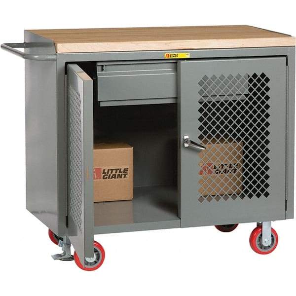 Little Giant - 3,600 Lb Capacity, 2 Shelf, 1 Drawer, 2 Door Mobile Cabinet Bench - 41" Wide x 24" Deep x 43" High, Steel, Gray - Caliber Tooling