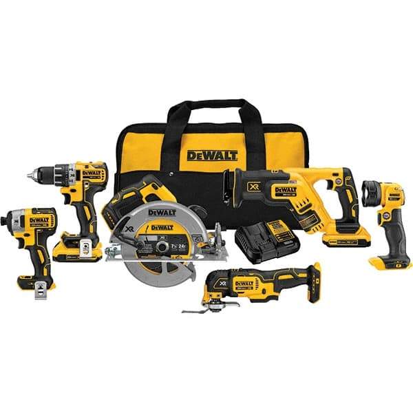 DeWALT - Cordless Tool Combination Kits Voltage: 20 Tools: Compact Drill/Driver; 1/4" Impact Driver; 7-1/4" Circular Saw; Compact Reciprocating Saw; Oscillating Multi-Tool; LED Light - Caliber Tooling