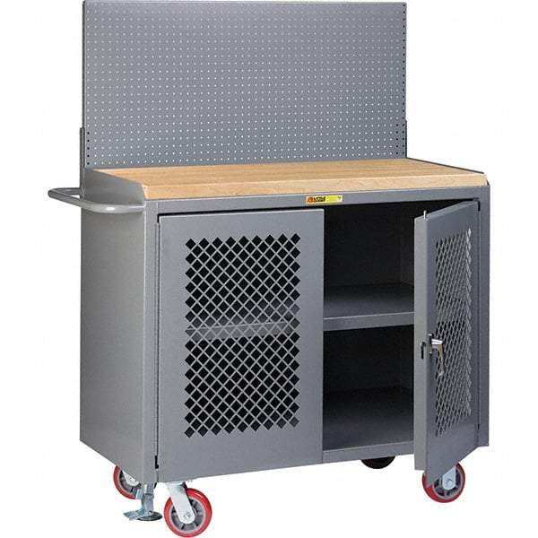 Little Giant - 3,600 Lb Capacity, 3 Shelf, 2 Door Mobile Bench Cabinet with Pegboard Panel - 41" Wide x 24" Deep x 43" High, Steel, Gray - Caliber Tooling