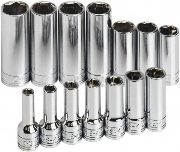 SK - 14 Piece 3/8" Drive Tethered Thin Wall Deep Socket Set - 6 Points, 6 to 19mm, Metric Measurement Standard - Caliber Tooling