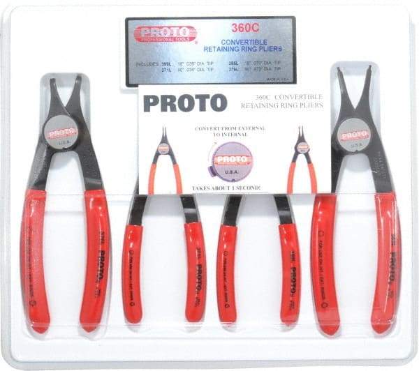 Proto - 4 Piece, 3/8 to 2" Bore, 1/4 to 2" Shaft, Convertible Retaining Ring Pliers Set - 0.038 to 0.07" Tip Diam Range - Caliber Tooling