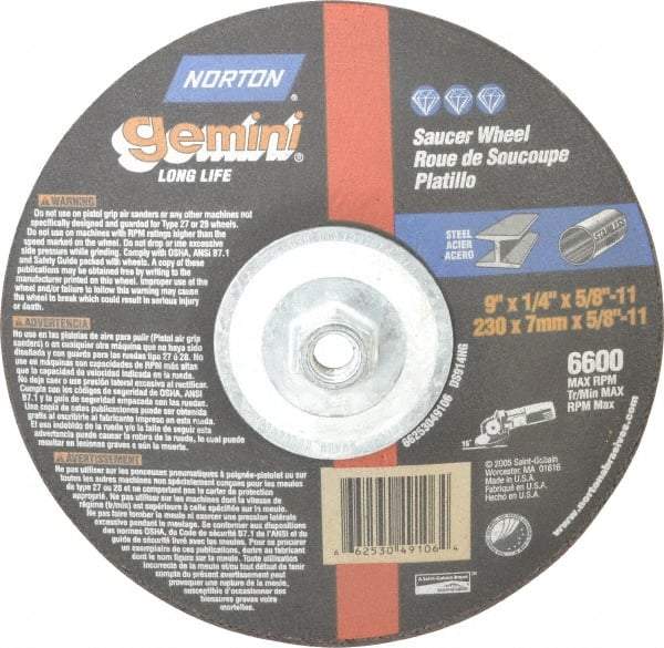 Norton - 24 Grit, 9" Wheel Diam, 1/4" Wheel Thickness, Type 28 Depressed Center Wheel - Aluminum Oxide, 6,600 Max RPM, Compatible with Angle Grinder - Caliber Tooling