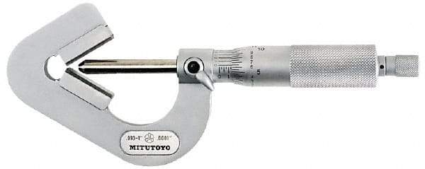 Mitutoyo - 0.05 to 0.6 Inch Measurement, 0.001 Inch Graduation, Accuracy Up to 0.0002 Inch, 3 Flutes Measured, Ratchet Stop Thimble, Mechanical V Anvil Micrometer - 6.35mm Spindle Diameter, Carbide, 23.46mm Throat Depth - Caliber Tooling