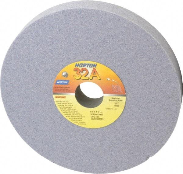 Norton - 8" Diam x 1-1/4" Hole x 1" Thick, K Hardness, 60 Grit Surface Grinding Wheel - Aluminum Oxide, Type 1, Medium Grade, 3,600 Max RPM, Vitrified Bond, No Recess - Caliber Tooling