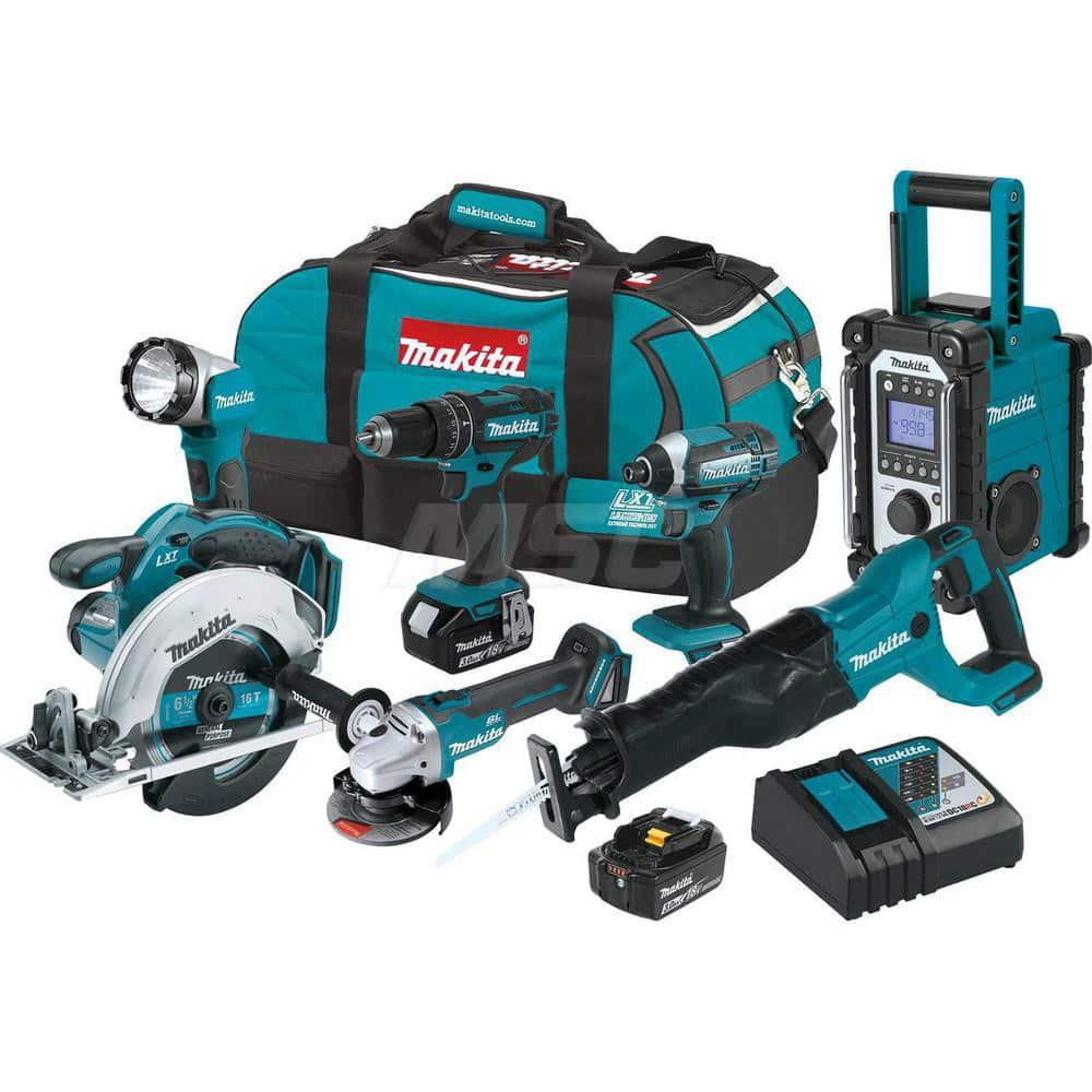 Cordless Tool Combination Kit: 18V, 7 Pc (1) 18V LXT 1/2″Hammer Driver-Drill (XPH10Z), (1) 18V LXT Impact Driver (XDT11Z), (1) 18V LXT 6-1/2″Circular Saw (XSS02Z), (1) 18V LXT Recipro Saw (XRJ04Z), (1) 18V LXT Brushless 4-1/2″Cut-Off/Angle Grinder (XAG03Z