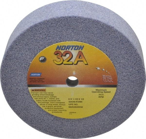 Norton - 6" Diam, 1/2" Hole Size, 1-1/2" Overall Thickness, 46 Grit, Type 6 Tool & Cutter Grinding Wheel - Coarse Grade, Aluminum Oxide, K Hardness, Vitrified Bond, 3,820 RPM - Caliber Tooling