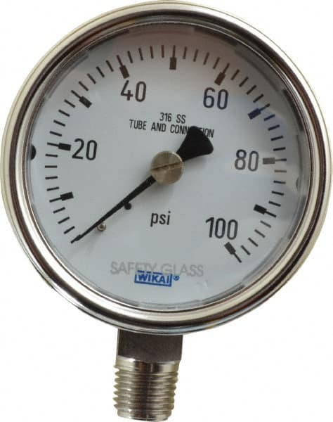 Wika - 2-1/2" Dial, 1/4 Thread, 0-100 Scale Range, Pressure Gauge - Lower Connection Mount, Accurate to 2-1-2% of Scale - Caliber Tooling