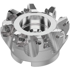 Seco - 80mm Cut Diam, 27mm Arbor Hole, 8mm Max Depth of Cut, 71° Indexable Chamfer & Angle Face Mill - 8 Inserts, SN.. Insert, Right Hand Cut, 8 Flutes, Through Coolant, Series R220.56 - Caliber Tooling