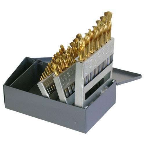 ‎1/16-1/2 RHS / RHC HSS 135 Degree Split Point Heavy Duty Screw Machine Length Drill Set - TiN - Exact Industrial Supply