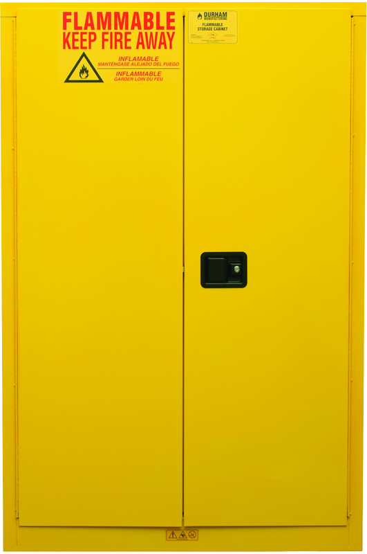 45 Gallon - All Welded - FM Approved - Flammable Safety Cabinet - Manual Doors - 2 Shelves - Safety Yellow - Caliber Tooling