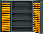 48"W - 14 Gauge - Lockable Cabinet - With 128 Yellow Hook-on Bins - 4 Adjustable Shelves - Deep Door Style - Gray - Caliber Tooling