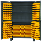 48"W - 14 Gauge - Lockable Cabinet - With 137 Yellow Hook-on Bins - 3 Adjustable Shelves - Flush Door Style - Gray - Caliber Tooling