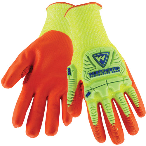 Hi Vis 10 Gauge Yellow HPPE Shell With Orange Foam Nitrile Palm Gloves Large - Caliber Tooling