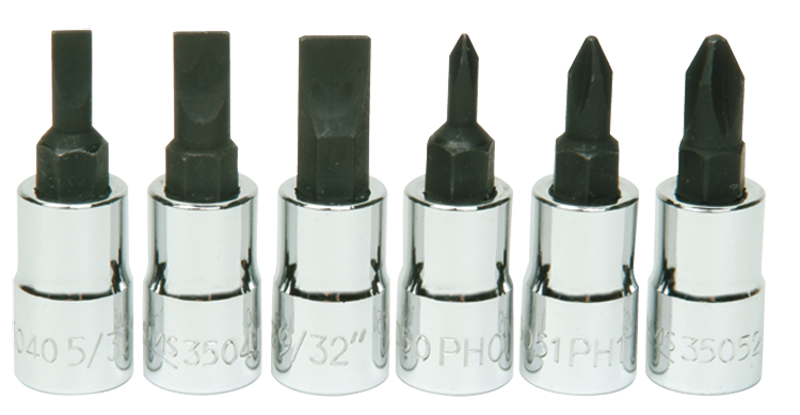 6 Piece - #9309068 - #0; #1; #2 Phillips; 5/32; 7/32; 9/32" Slotted - 1/4" Drive - Socket Drive Hex Bit Set - Caliber Tooling