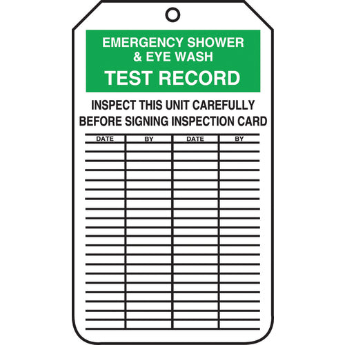 Inspection Record Tag, Emergency Shower & Eye Wash Test Record, 25/PK, Cardstock - Caliber Tooling