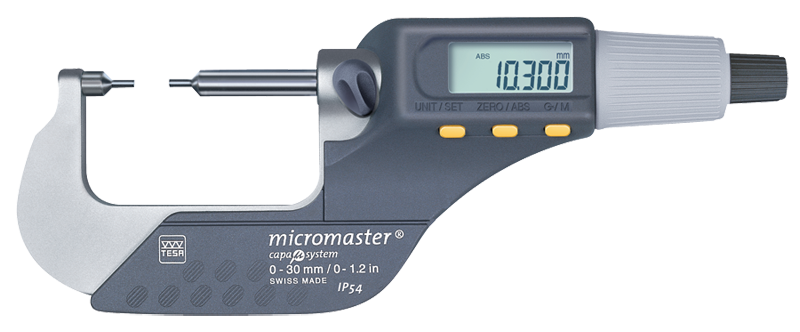 0 - 1.2" / 0 - 30mm Measuring Range - .00005/.001mm Resolution - Friction Thimble - Carbide Face - Electronic Spline Micrometer - Caliber Tooling