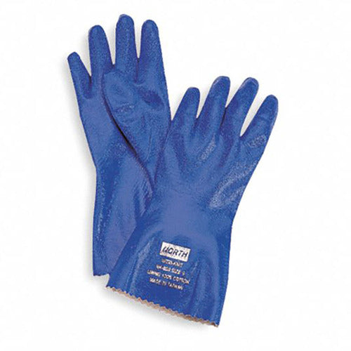 ‎Size 9-Nitri-Knit - dipped nitrile glove - interlock knitted liner - 12″ (30cm) - rough grip - blue. 12 pairs per bag, 12 bags per case. - Caliber Tooling