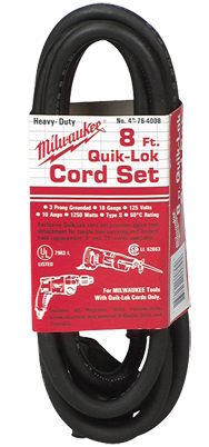 #48-76-4008 - Fits: Most Milwaukee 3-Wire Quik-Lok Cord Sets @ 8' - Replacement Cord - Caliber Tooling