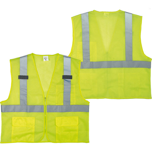 Class 2 Mesh Vest; Contrasting Color Strip, Zipper Closure, Outside Pocket - M - Caliber Tooling