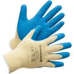 Large Gloves-Tuff Coat Cut Resistant - 10 Cut Medium Weight Yellow Kevlar With Blue Natural Rubber Palm And Fingertip Coating - Caliber Tooling