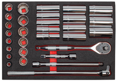 Proto® Foamed 1/2" Drive 30 Piece Socket Set w/ Precision 90 Pear Head Ratchet - Full Polish - 12 Point - Caliber Tooling