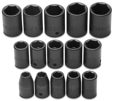 Proto® 1/2" Drive 15 Piece Metric Impact Socket Set - 6 Point - Caliber Tooling