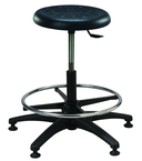 Round Black Polyurethane Stool - Standard Glides, 14" Seat Dia, 18" Adj Footring, Pneumatic Hgt Adj. Black, Plastic ABS Five Star Base, Bench Hgt 22.5" - 32.5" - Caliber Tooling