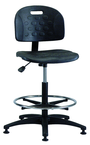 Polyurethane Task Stool - Standard Glides, Casters Optional, Pneumatic Hgt. Adj., Waterfall Seat, Adj. Contoured Backrest, Black Plastic ABS Base, 20" Adj. Footring, Bench Hgt 22.5" - 32.5" - Caliber Tooling