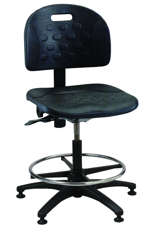 Black Polyurethane Task Stool - Adj. Contoured Backrest, Waterfall Seat, Seat and Back Tilt,  Glides Standard, Pneu Hgt. Adj., 20" Adj. Footring, Black Plastic ABS Base, Bench Hgt 23.5"-33.5" - Caliber Tooling