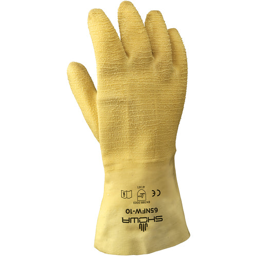 General purpose natural rubber fully-coated 12″ gauntlet cuff yellow wrinkle-finish/extra large - Caliber Tooling