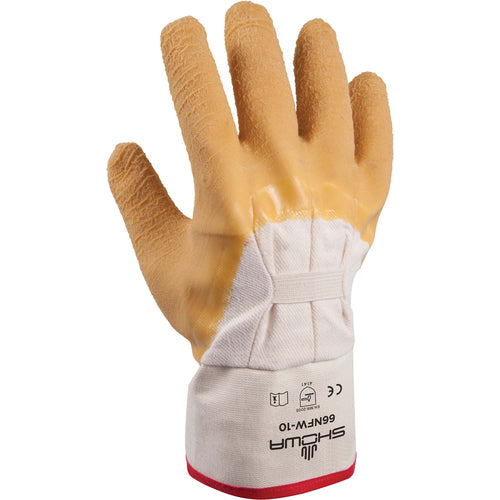 General purpose natural rubber palm-coated reinforced safety cuff white w/yellow dip wrinkle-finish/L - Caliber Tooling