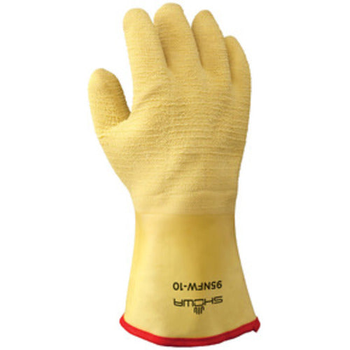 Insulated fully coated natural rubber 12″ gauntlet yellow wrinkle finish cotton jersey with triple layered foam insulation/large - Caliber Tooling