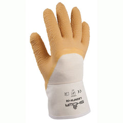 General purpose natural rubber palm-coated reinforced safety cuff white w/yellow dip wrinkle-finish/S - Caliber Tooling