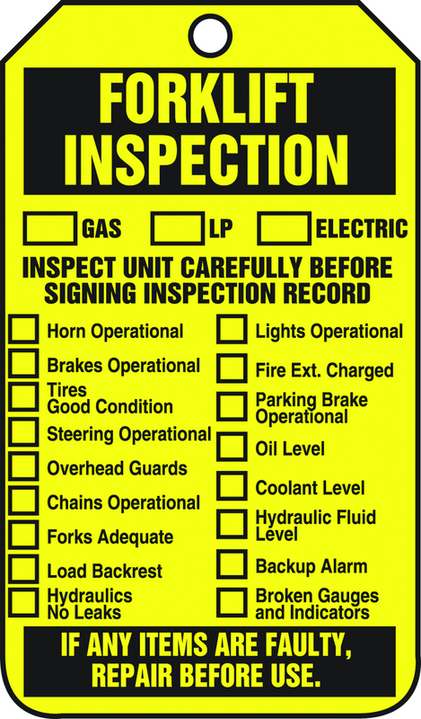 Forklift Tag, Forklift Inspection (Checklist)/Forklift Inspect, 25/Pk, Plastic - Caliber Tooling