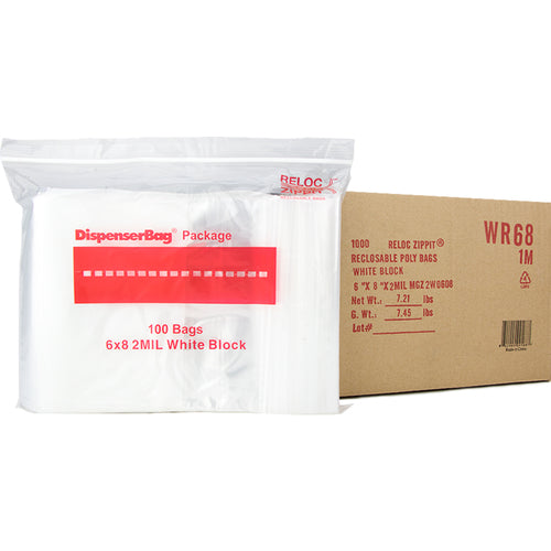 6″ × 8″ 2-MIL White Block Reloc Zippit Zipper Bags, Sold per Case of 1000 (10 boxes of 100 per case)