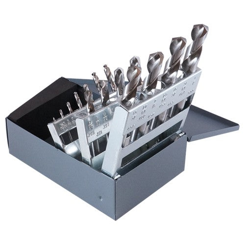 ‎1/16-1/2 RHS / RHC HSS 135 Degree Split Point NAS907 Type C Heavy Duty Screw Machine Length Drill Set - Bright - Exact Industrial Supply